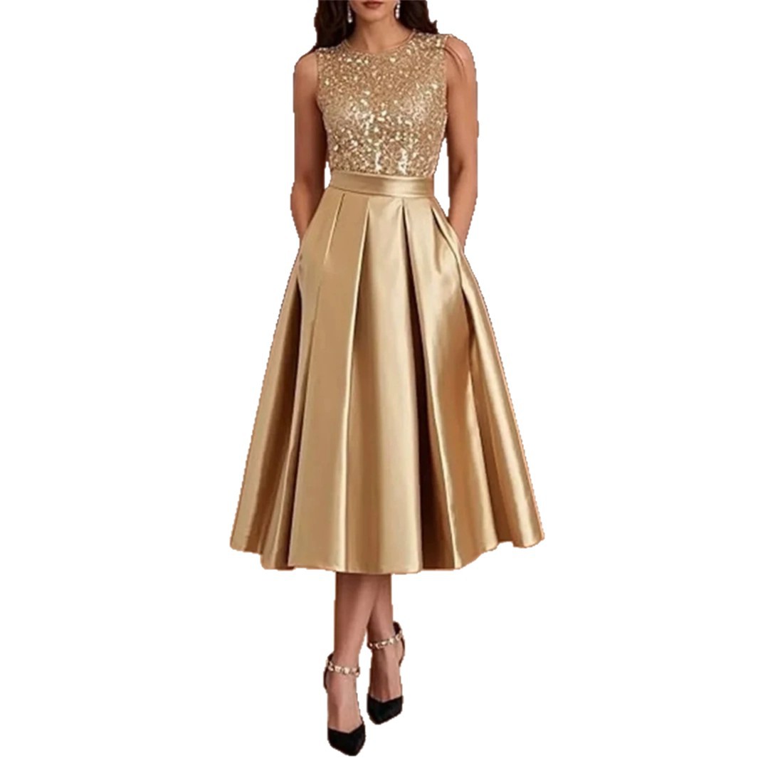 Midi Dress - Gaun Midi Satin Payet Burgundy Wanita