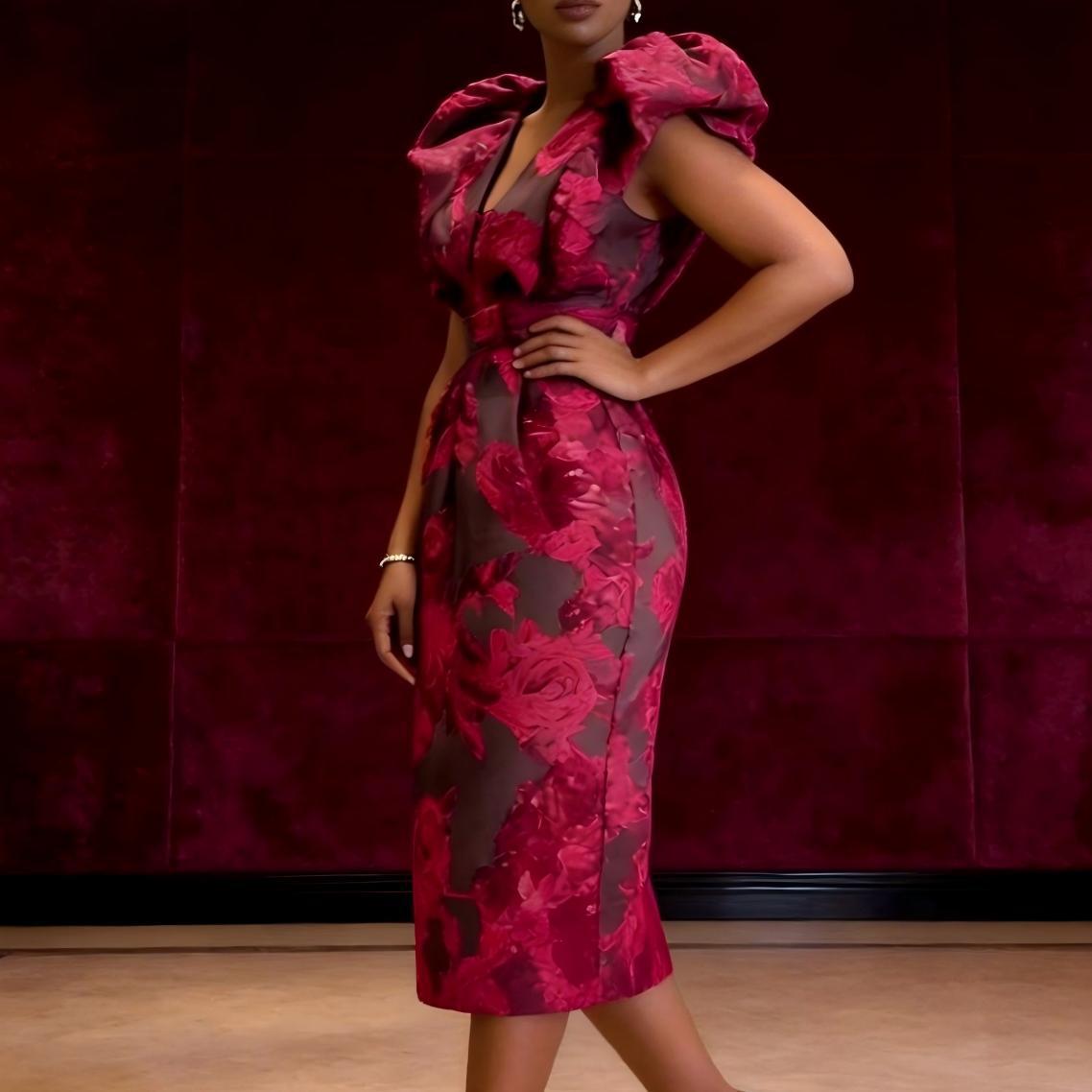 Midi Dress - QMANSHA Gaun Koktail Jacquard Bunga Burgundy