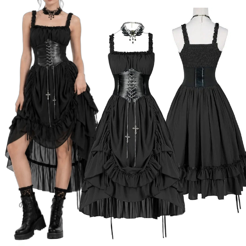 Midi Dress - Gaun Korset Gothic Wanita Hitam Punk